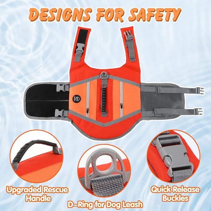 EMUST Dog Life Vests for Swimming, Adjustable Dog Life Jackets for Small Dogs with Hook & Loop, Reflective Dog Swim Vest with Quick-Release Buckles for Bulldogs, Dachshunds, Corgis, Orange, S