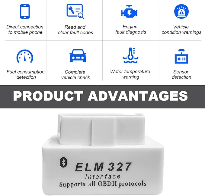 OBDII Car Auto Diagnostic Scanner, ELM327 Automotive Bluetooth Scan Tool and Code Reader, Professional Car Bluetooth Engine Fault Code Reader, Universal Car Accessories (White)