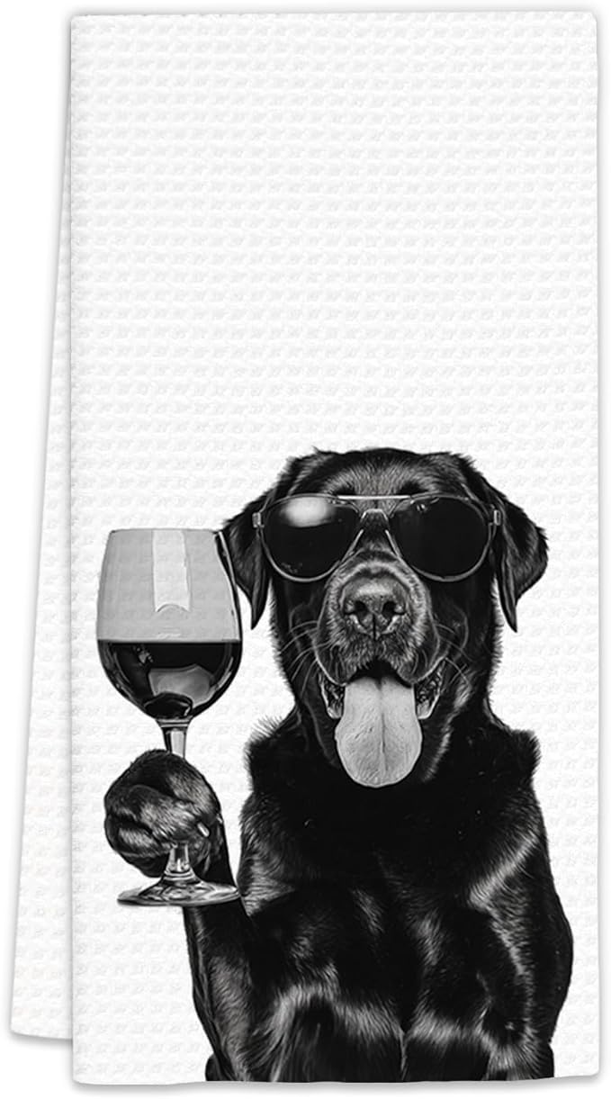 Black Lab Gifts Wine Dog Kitchen Towels, Gifts for Labrador Retriever Wine Lovers Decorative Hand Dish Towel for Kitchen Home Bar, Black Labrador Retriever Gift Home Bar Decor(16x24Inch)