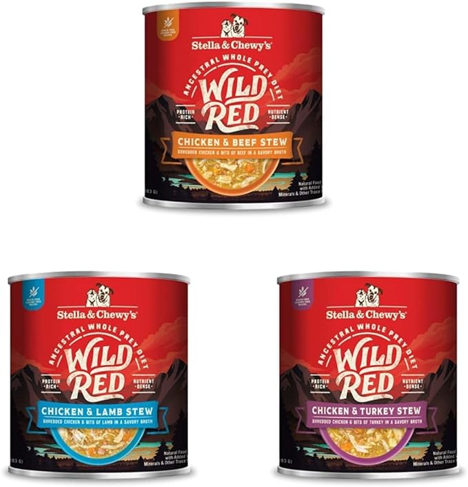 Stella & Chewy's Wild Red Wet Dog Food - Large Variety Pack 3 Flavors - High Protein Grain-Free Stews with 96% Animal Protein - Perfect for Picky Eaters, 10 oz, Pack of 18