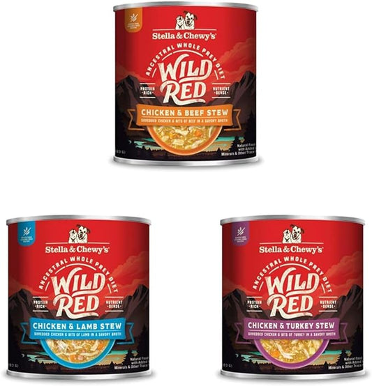 Stella & Chewy's Wild Red Wet Dog Food - Large Variety Pack 3 Flavors - High Protein Grain-Free Stews with 96% Animal Protein - Perfect for Picky Eaters, 10 oz, Pack of 18