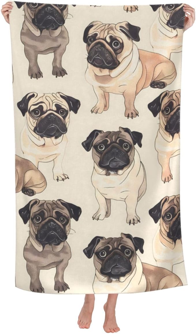 Pug Beach Towel Cute Dog Sand-Free Microfiber Bath Towel Ultra Soft Quick Dry Pool Towel Absorbent Towel Lightweight Towel Gifts for Outdoor Bathroom Swimming Decor 31inx51in
