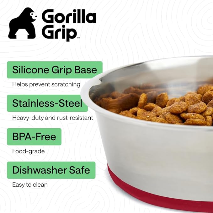 GORILLA GRIP Dog Bowls, Heavy Duty 304 Stainless Steel, Holds 1 Cup Each (8 fl oz) Food and Water Bowl for Feeding Dogs and Cats, Dishwasher Safe, Rust Resistant, BPA Free Rubber Base Set of 2 Red