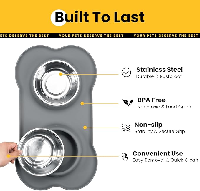 Stainless Steel Dog Bowls with Non-Slip Silicone Mat, Spill Proof Food & Water Bowls Set, Easy Clean Puppy Food Dish, Dishwasher Safe, Suitable for Dogs Cats Pet Under 20lbs, Small, Grey