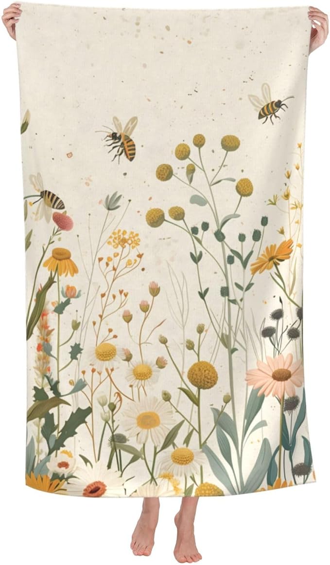 Wildflowers and Bees Beach Towel 31inx51in, Floral Sand-Free Microfiber Bath Towel Ultra Soft Quick Dry Pool Towel Absorbent Towel Lightweight Towel for Swimming Bathroom Decor