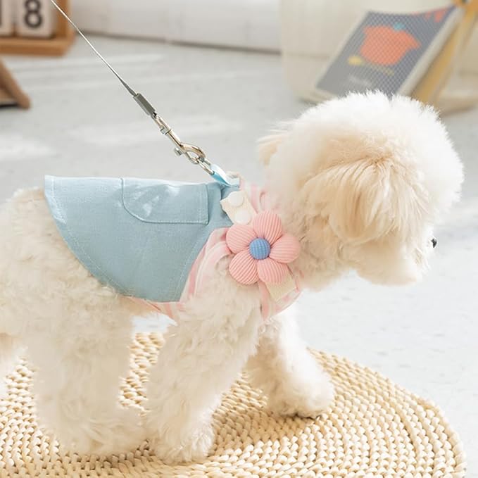 ANIAC Denim Small Puppy Dress 3D Flowers Girl Dog Clothes with D-Ring and Pocket Striped Female Cat Harness Dresses Shih Tzu Yorkies Chihuahua Outfits Summer Pet Clothing (X-Small, 3D Pink Flowers)