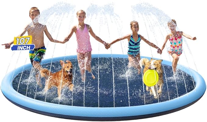 Splash Pad Non-Slip Dogs Cool Sprinkler Pool Extra Large Splash Pads for Kids Dog Baby Wading Pool Summer Outdoor Play Water Fun Toy Gift Easy to Use/Clean 107 inch