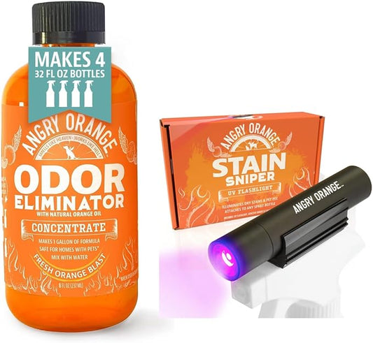 Angry Orange Pet Urine Detection & Odor Elimination Bundle – UV Black Light Flashlight + Citrus Powered Odor Eliminator Concentrate for Dog & Cat Urine, Carpets & Upholstery