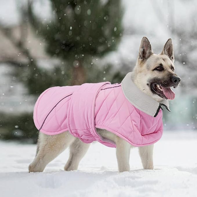 Kuoser Dog Coat, Super-Warm Dog Jacket Windproof Pet Cold Weather Coats for Extra Large Dogs, Fleece Lining Quilted Turtleneck Puppy Snowsuit Reflective Adjustable Doggie Winter Clothes, Pink, 2XL