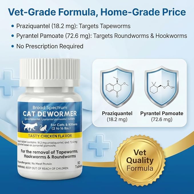 Broad Spectrum Dewormer for Cats and Kittens – Praziquantel and Pyrantel Pamoate Tablets – Removes Tapeworm, Roundworm & Hookworm – Fast Acting Formula (50 Tablets)