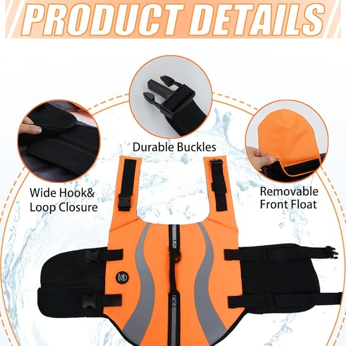 EMUST Dog Life Vests, Adjustable Life Jackets for Small Dogs with Enhanced Buoyancy, Small Dog Swim Vest with Durable Rescue Handle, Orange,XS