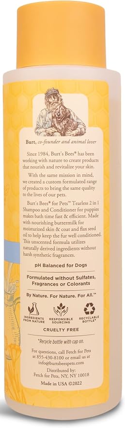 Burt’s Bees for Pets Tear Free Puppy Shampoo & Conditioner with Buttermilk, 2 in 1 Gentle Dog Shampoo for Puppies, Cleans and Conditions Sensitive Skin, 16 Fl Oz