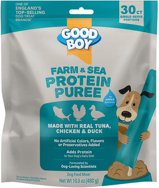Good Boy Farm & Sea Protein Purees Dog Food Mixers for All Adult Dogs, 30 Count, Easy Single-Serve Triple Flavor Topper Treats with Tuna, Chicken and Duck