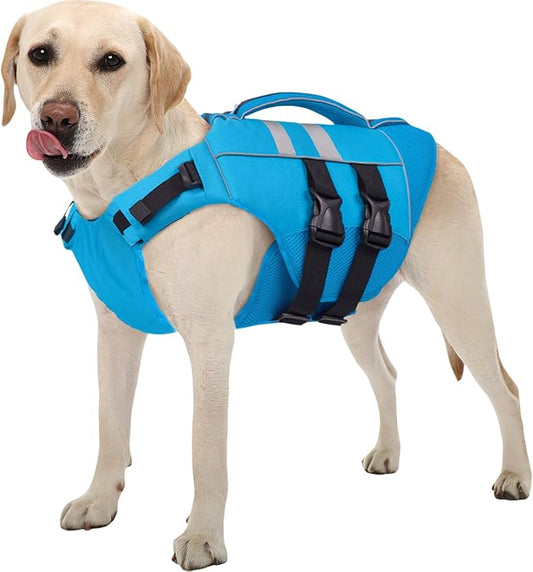 Kuoser XL Dog Life Jacket, Large High Flotation Dog Life Vest for Swimming Boating, Reflective Dog Swimming Vest Pet Life Preserver with Rescue Handle, Blue XL