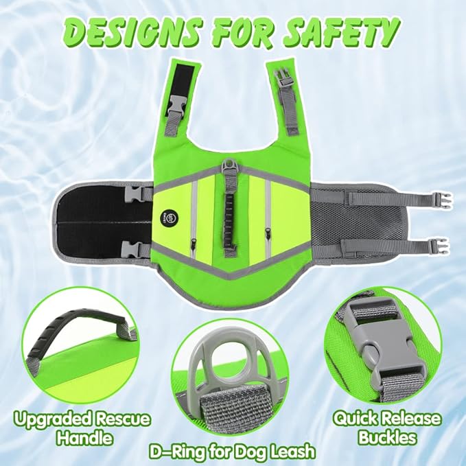 EMUST Dog Life Jackets, Durable Dog Life Jackets for Swimming, Boating with High Visibility, Stylish Dog Swimsuit with D-Ring for Dog Leash for Swimming, Boating, Kayaking, Green, XL