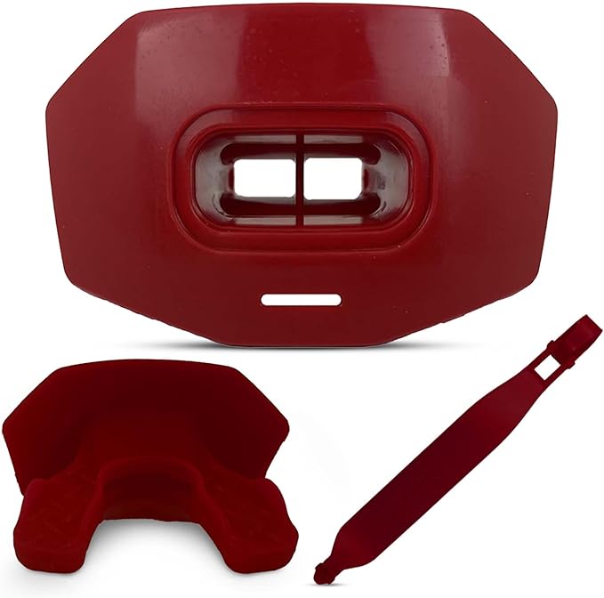 DAMAGE CONTROL Youth Football Mouth Guard – Breathable No Boil Mouthpiece, Protects Lips & Teeth, Works with Braces, Includes Helmet Strap – Sports Gear & Accessories (Red)