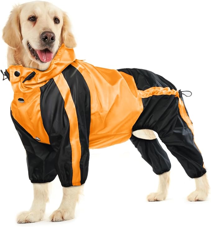 Dog Raincoat, Lightweight Rain Jacket, Adjustable 4-Legs Pet Poncho with Hood, Snow-Proof Dog Vest Rainwear, Rain Clothes Apparel with Leash Hole