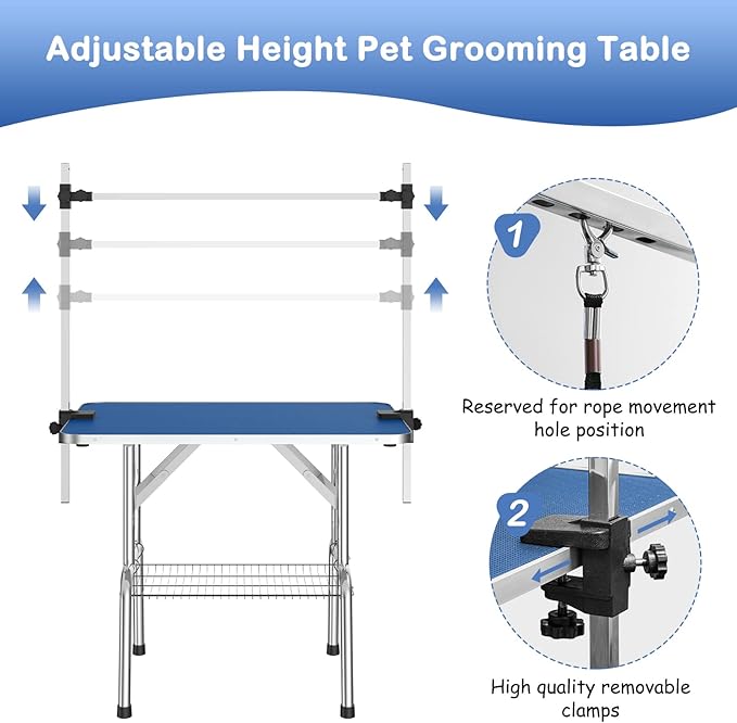 APRILSOUL 42 Inch Pet Grooming Table for Medium Dogs,Adjustable Height,Foldable,Anti-Slip Surface,with Arms, Nooses, Mesh Tray
