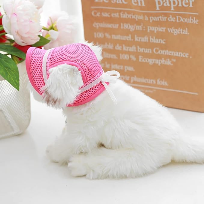 Round Brim Princess Hat Visor Hat Pet Dog Mesh Porous Sun Hat with Ear Holes for Small, Extra Small Dog Teddy, Pug, Chihuahua, Shih Tzu, Yorkshire Terriers, Papillon Pink with bowknit M