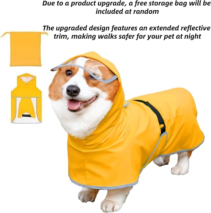 Dog Poncho Hooded Raincoat for Puppies & Small to Large Dogs, Reflective Strips for Night Safety, Lightweight & Adjustable Fit (Small Plus, Yellow)