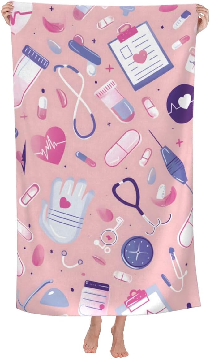 Nurse Pattern Beach Towel Pink Sand-Free Microfiber Bath Towel Ultra Soft Quick Dry Pool Towel Absorbent Towel Lightweight Towel Gifts for Outdoor Bathroom Swimming Decor 31inx51in