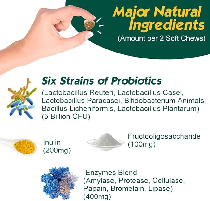 Advanced Probiotic for Dogs, Supports Digestive Health, Immune Health, Gut Health, Improves Nutrient Absorption - Six Strains of Probiotics - Inulin - Enzyme Blend, 90-Count, Bacon