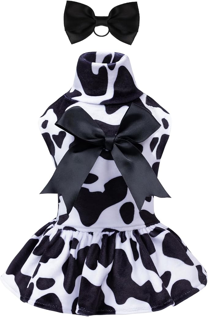 CuteBone Turtleneck Dog Velvet Dress Puppy Skirt Costume Pet Clothes Cat Apparel with Bow Hair Rope for Small Dogs CVD07L