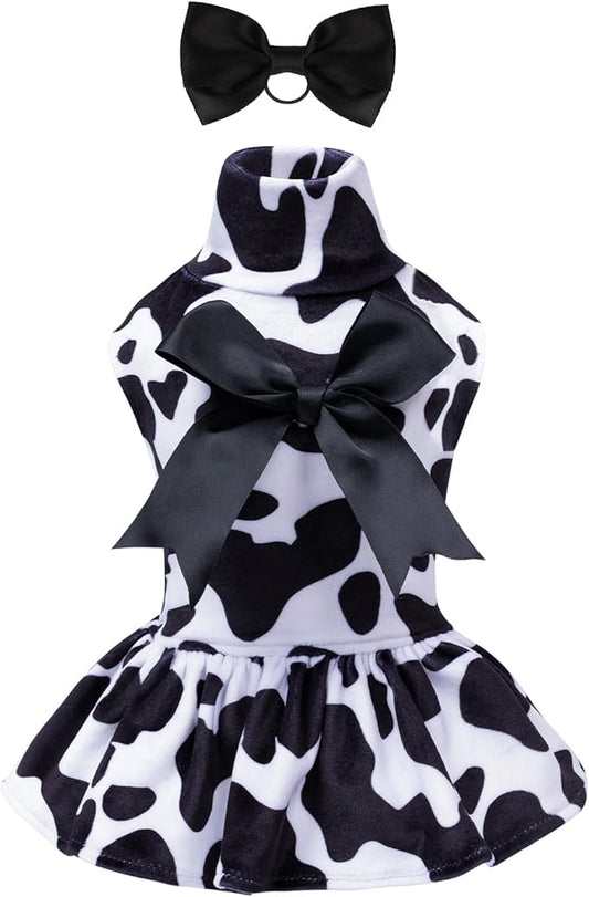 CuteBone Turtleneck Dog Velvet Dress Puppy Skirt Costume Pet Clothes Cat Apparel with Bow Hair Rope for Small Dogs CVD07M