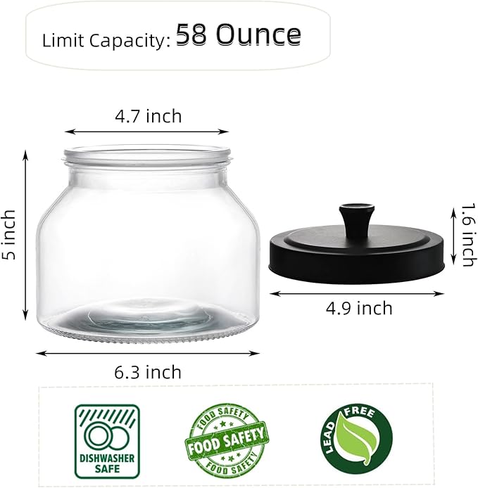 AVLA 3 Pack Glass Jars with Metal Lid, 58 OZ Clear Round Cookie Candy Jar, Food Storage Container with Black Lid, Empty Canister Set for Kitchen Counter, Pasta, Dog Treat, Snack