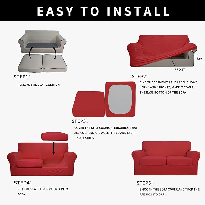Easy-Going 100% Dual Waterproof 3 Pieces Loveseat Cover Stretch Soft Couch Cover for Dogs, Sofa Slipcover for 2 Separate Cushion Couch Leakproof Furniture Protector for Kids, Pets Christmas Red