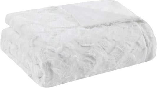 Madison Park Zuri Soft Plush Luxury Oversized Faux Fur Throw Animal Stripes Design, Faux Mink On The Reverse, Modern All Seasons Blanket for Bed, Sofa Couch, Office, White, 60x70