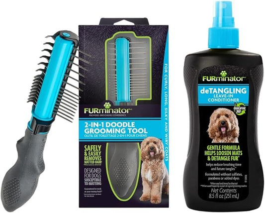 FURminator Doodle Bundle | FURminator 2-in-1 Doodle Grooming Tool for Dogs & deTangling Leave-in Conditioner Spray 8.5oz