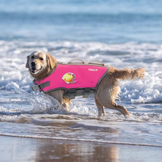Dog Life Jacket for Large Dogs, Dog Life Vest for Swimming with Three Fashion Fabric Patches, Life Jacket with Reflective Stripes and Two Rescue Handle, Flotation Vest, L