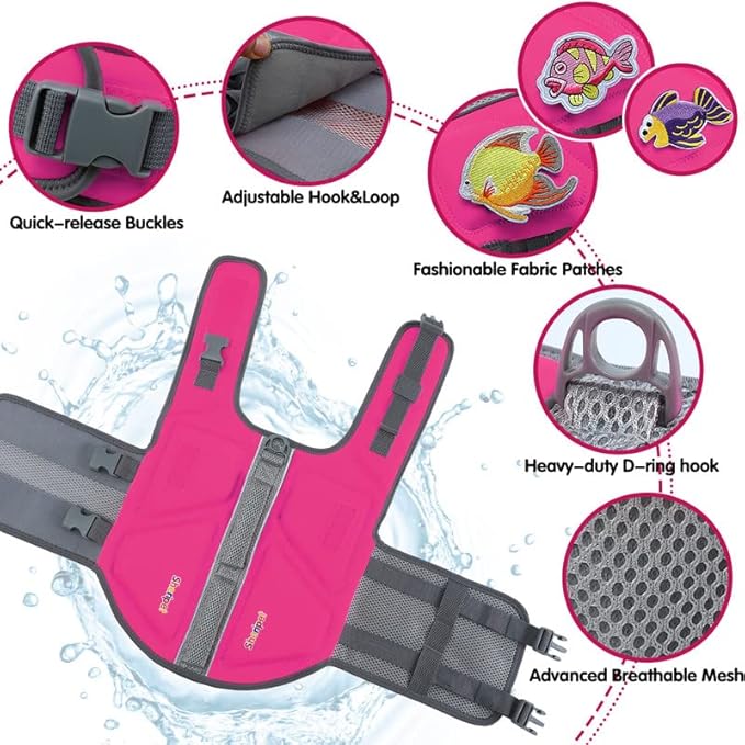 Dog Life Jacket for Large Dogs, Dog Life Vest for Swimming with Three Fashion Fabric Patches, Life Jacket with Reflective Stripes and Two Rescue Handle, Flotation Vest, L