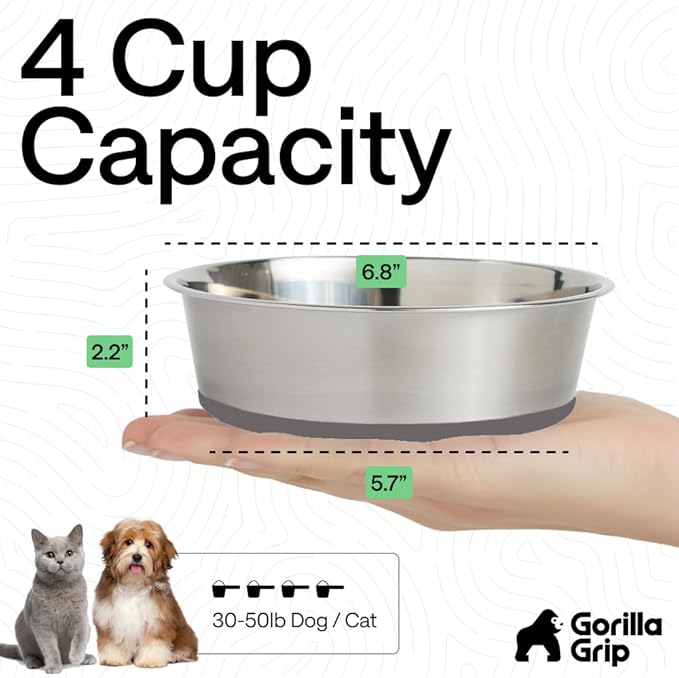 GORILLA GRIP Dog Bowls, Heavy Duty 304 Stainless Steel, Holds 4 Cups Each (32 fl oz) Food and Water Bowl for Feeding Dogs and Cats, Dishwasher Safe, Rust Resistant, BPA Free Rubber Base Set of 2 Gray