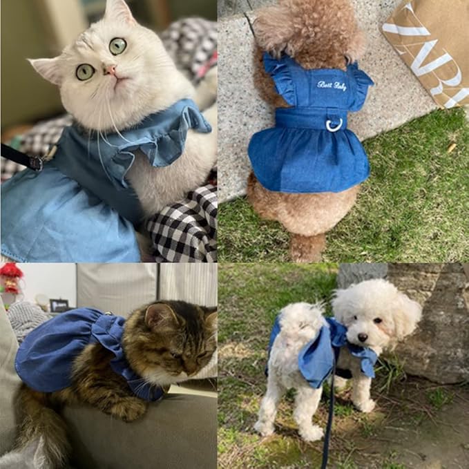 ANIAC Dog Denim Dresses for Small Medium Dogs Puppy Girl Clothes with Leash Ring Summer Cat Apparel with D-Ring Pet Dog Walking Harness Dress(Blue-2, Small)