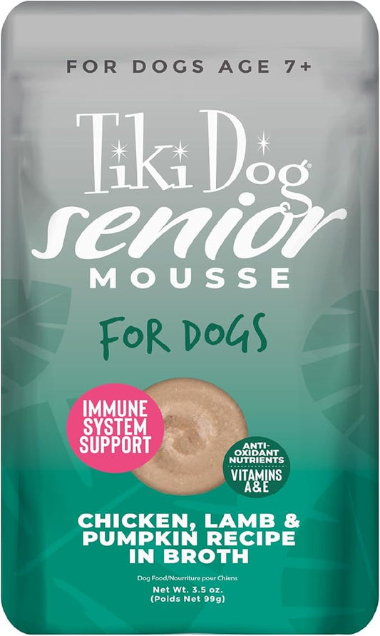 Tiki Dog Senior Mousse Wet Dog Food, Chicken, Lamb & Pumpkin Recipe, 3.5 oz. Pouch (12 Count)