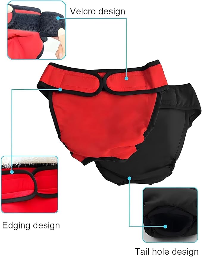 NACOCO 2 Pack Female Dog Diapers for Small Medium and Large Dogs, Adjustable and Leakproof Doggie Sanitary Panties, The Harassment of Pants and Safety Pants, Black&Red (M)