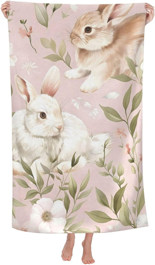 Floral Bunny Beach Towel 31inx51in, Rabbit Sand-Free Microfiber Bath Towel Ultra Soft Quick Dry Pool Towel Absorbent Towel Lightweight Towel for Swimming Bathroom Decor
