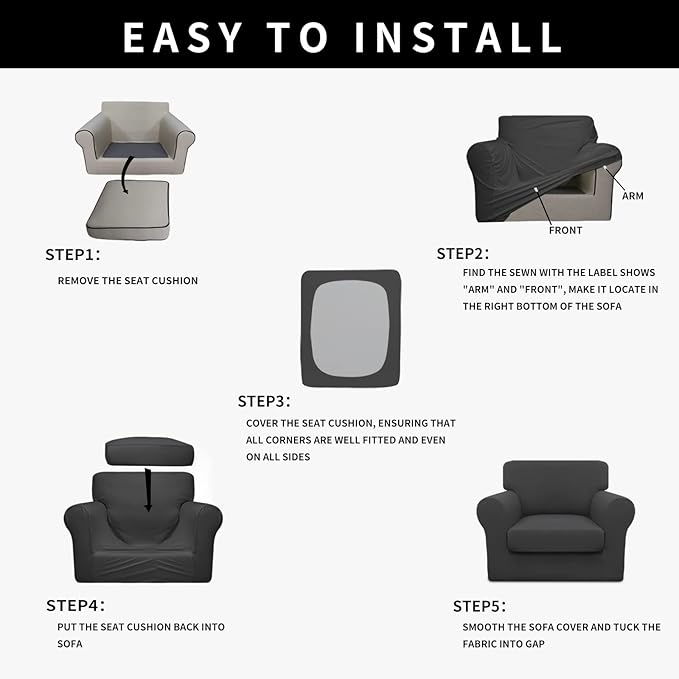 Easy-Going 100% Dual Waterproof 2 Pieces Chair Cover Stretch Soft Couch Cover for Dogs, Sofa Slipcover for 1 Separate Cushion Couch Leakproof Furniture Protector for Kids, Pets Dark Gray