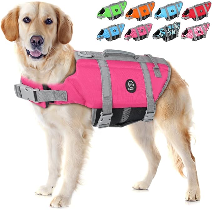 EMUST Dog Life Preserver, Pet Flotation Vest for Swimming, Beach Boating with High Buoyancy, Dog Flotation Vest for Small/Medium/Large Dogs, M, NewSolidpink