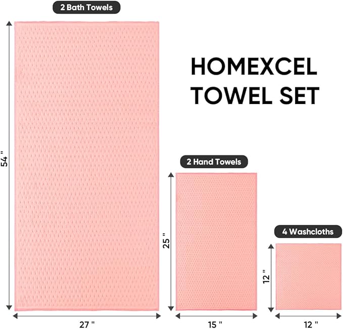 HOMEXCEL 8 Piece Bath Towel Set, Microfiber Bathroom Towel - 2 Bath Towels, 2 Hand Towels, and 4 Wash Cloths, Super Soft, Highly Absorbent Towels for Bathroom, Gym, Hotel, and Spa, Pink