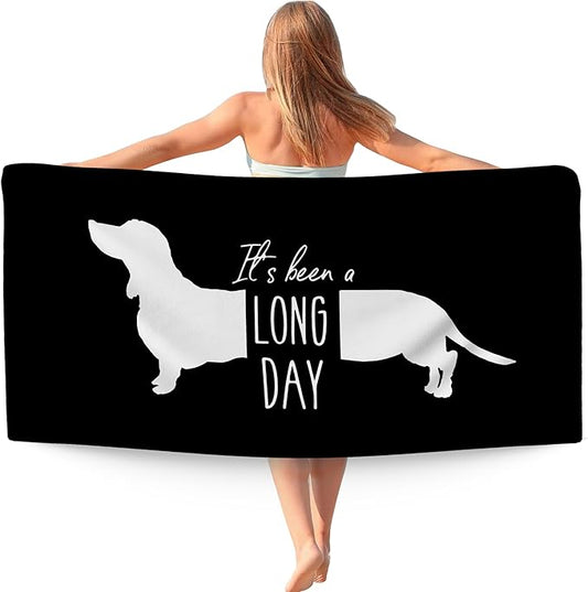 Black Dachshund Dog Beach Towel Gifts for Dog Lovers Owner, Funny It's Been A Long Day Microfiber Quick Dry Travel Sand Free Beach Towels Oversized Decor for Bathroom Swimming Pool 30x60 Inch
