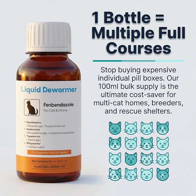 Dewormer for Cats & Kittens Liquid Fenbendazole - Broad Spectrum Suspension - Removes Roundworm, Hookworm, Tapeworm - Easy to Mix with Food, Includes 3ml Dosing Syringe (100ml)