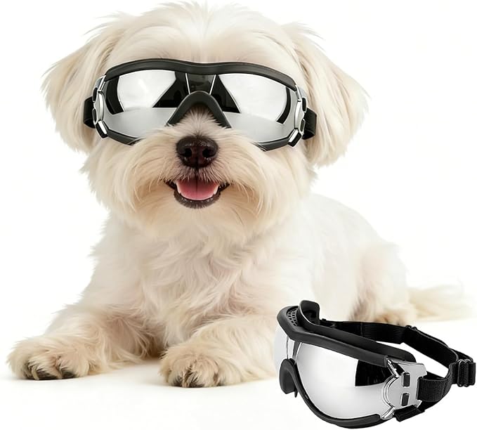 PETLESO Dog Goggles for Small Breeds, UV Protection Dog Sunglasses with Adjustable Straps, Windproof Pet Eyewear for Small Pet, Soft Frame, S