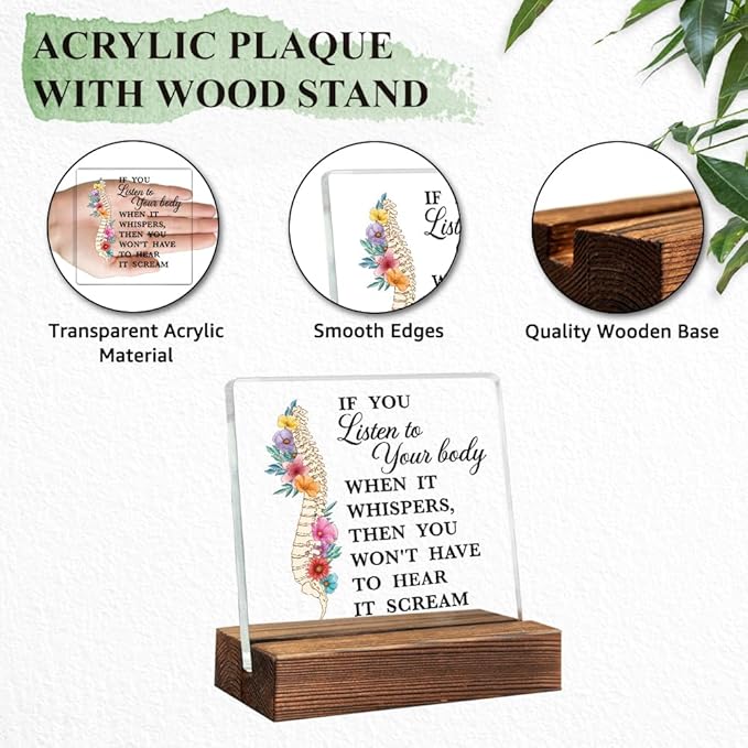 If You Listen to Your Body When It Whispers Acrylic Sign with Wood Stand, Chiropractic Acrylic Table Plaque, Orthopaedic Doctor Desk Plaque Decoration, Spine PT Gifts for Chiropractors