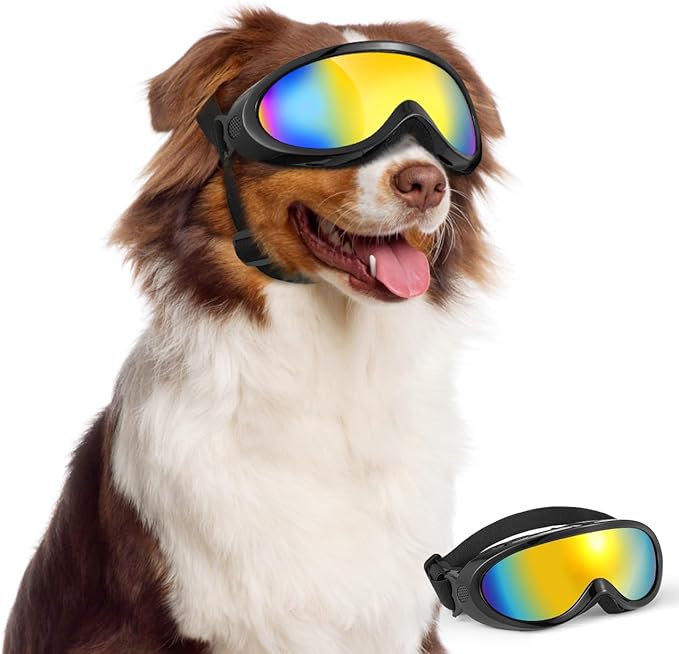 Lewondr Dog Goggles Medium Large Breed, Dog Sunglasses with Adjustable Straps and Soft Sponge Pad, UV/Wind/Dust/Fog/Snow Dog Eye Protection Sunglasses for Outdoor Driving Riding, Black