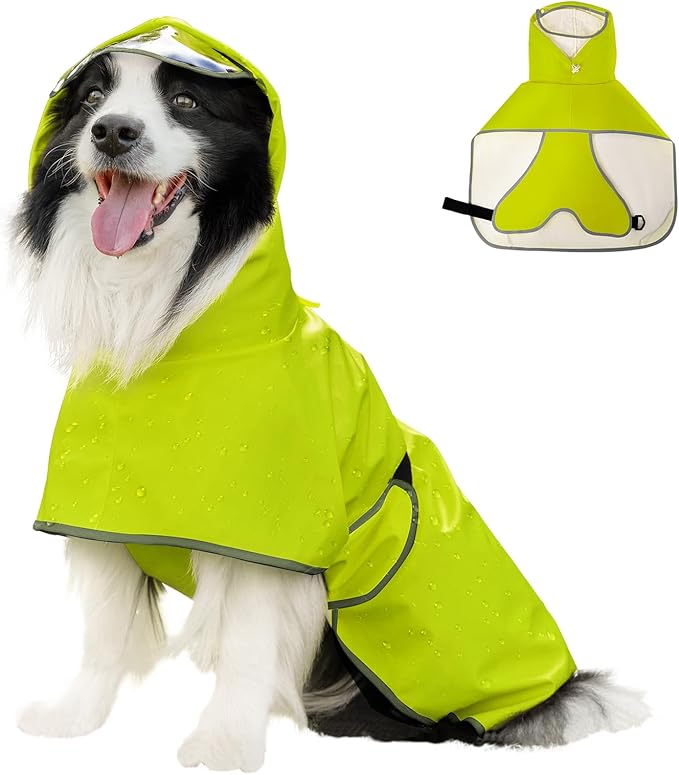 Dog Raincoat, Waterproof Windproof Dog Rain Jacket with Hood, Rain Coat with Leash Hole, Adjustable Raincoat Poncho for Small Medium Large Dogs Outdoor (Neon Yellow, L-)