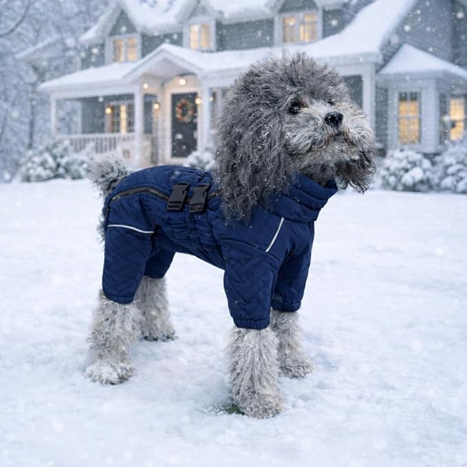 Lovelonglong Warm Dog Coat Double Layers Dog Vest, 4 Legs Covered Windproof Waterproof Reflective Warm Dog Vest Outdoor Skating Dog Costume for Small Medium Large Dogs Navyblue XXL