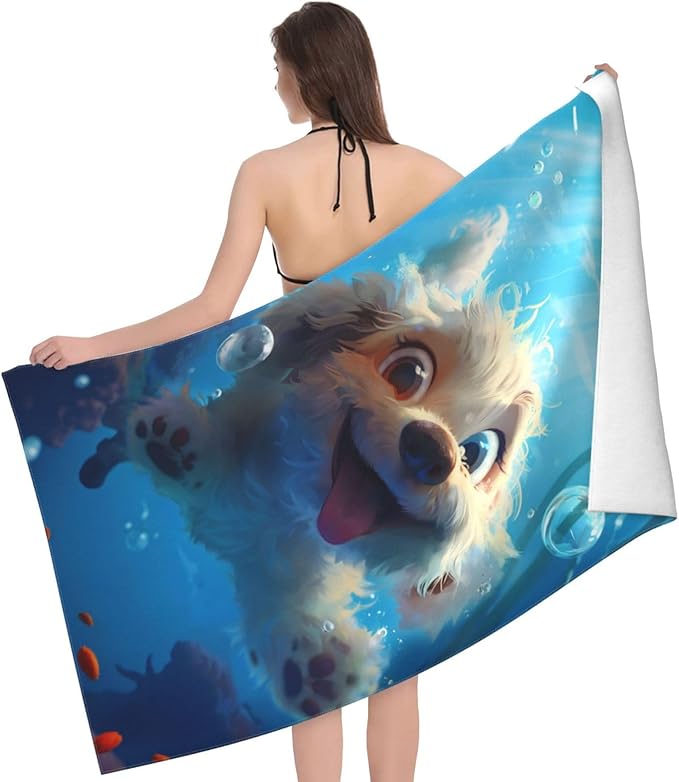 Underwater Pup Beach Towel 31inx51in, Dog Sand-Free Microfiber Bath Towel Ultra Soft Quick Dry Pool Towel Absorbent Towel Lightweight Towel for Swimming Bathroom Decor